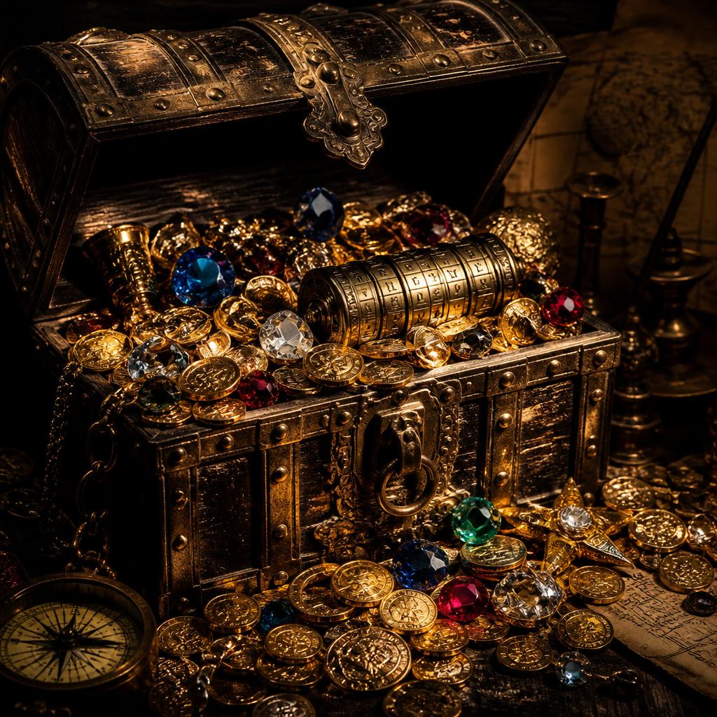 An overflowing pirate treasure chest with gold coins, gemstones, and a brass cryptex